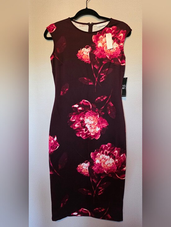 New York & Company Dresses & Skirts - New York & Company Burgundy Midi Dress with Pink Floral Print